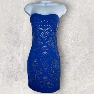 Bebe Blue Stud Embellished Strapless Stretchy Bodycon Tube Top Dress